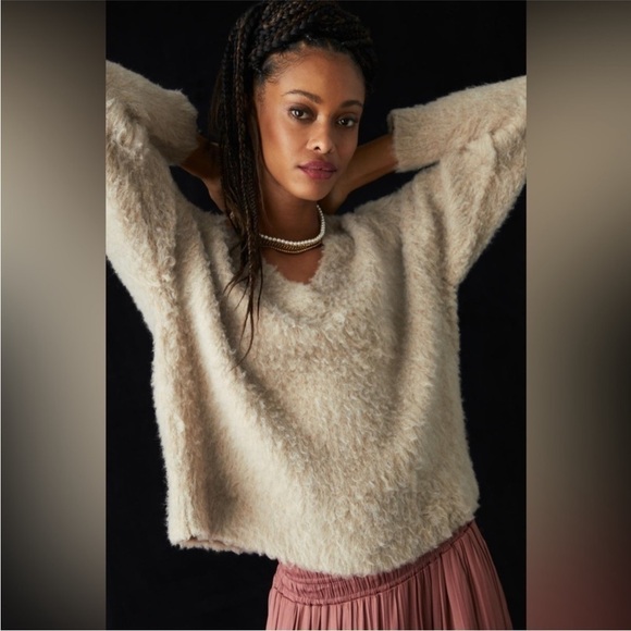 ANTHROPOLOGIE SOFT PULLOVER V-NECK THICK MERINO WOOL SWEATER LARGE NWT - Picture 4 of 15